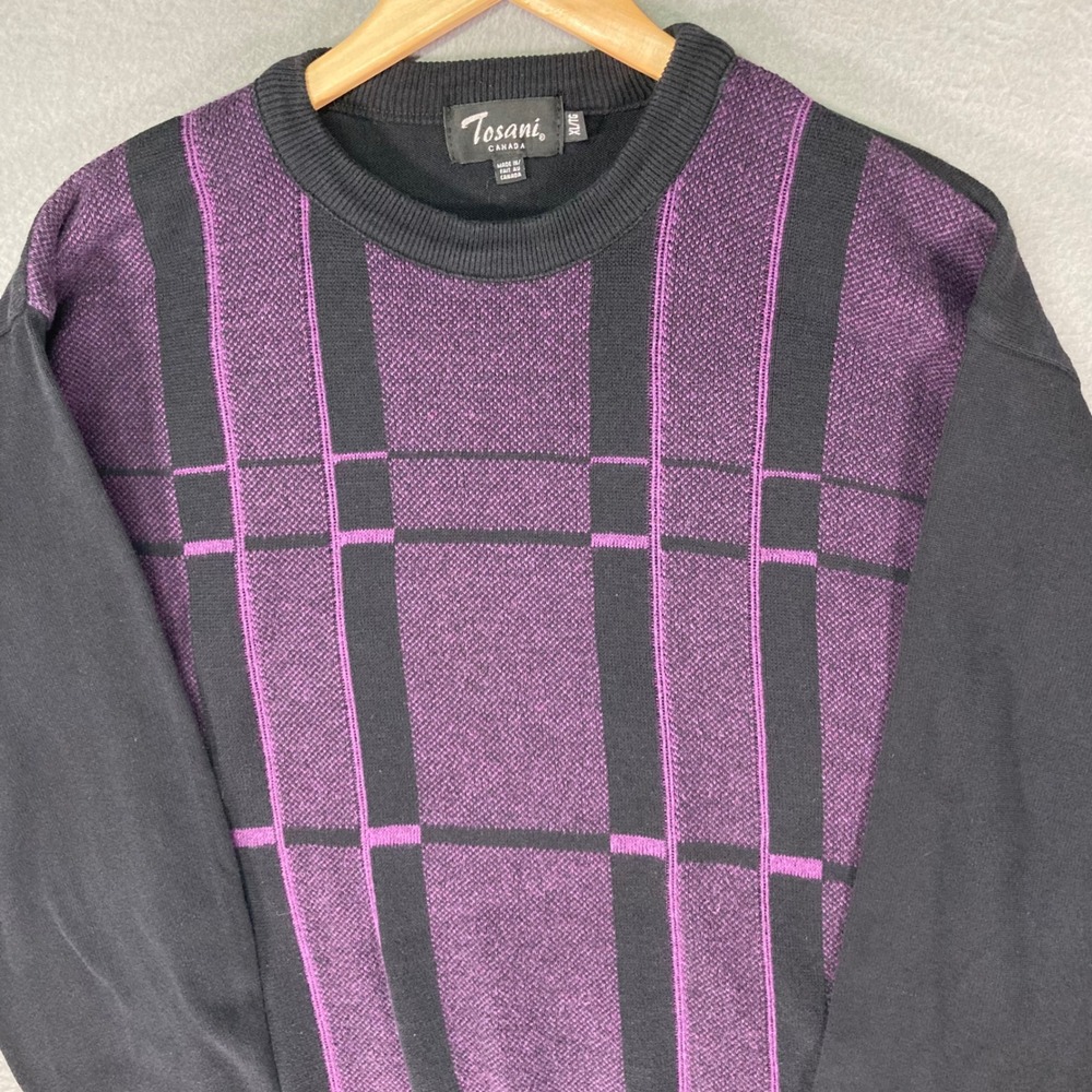 Tosani Canada Mens XL‎ Black Purple Plaid Crew Next Sweater Made in Canada 90s - Picture 4 of 9